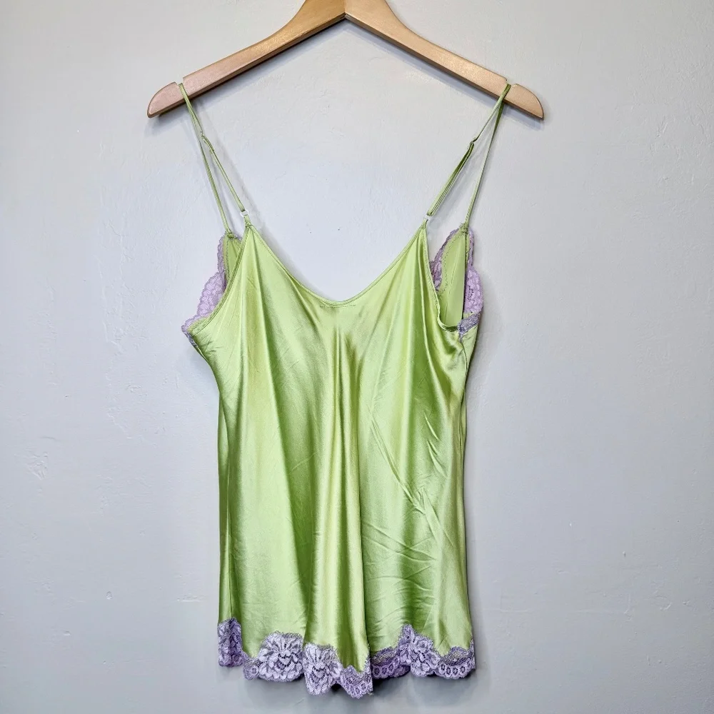 Lindsey Luxe Y2K Elegant Satin Green Lilac Lace Chemise Cami Tank Top Camisole - Picture 4 of 15
